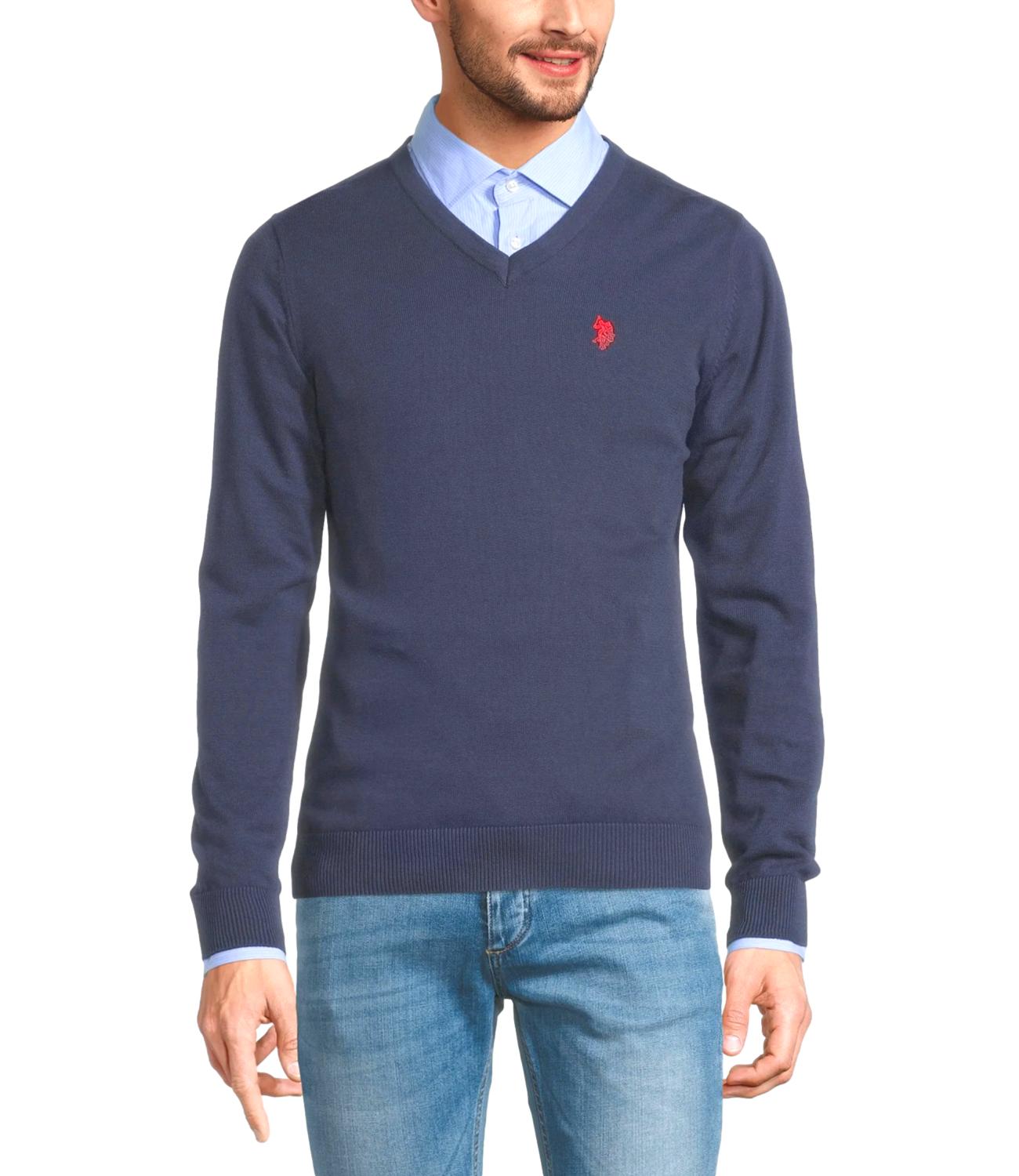 Pullover U.S. Polo Assn con scollo a V blu vintage e logo rosso sul petto