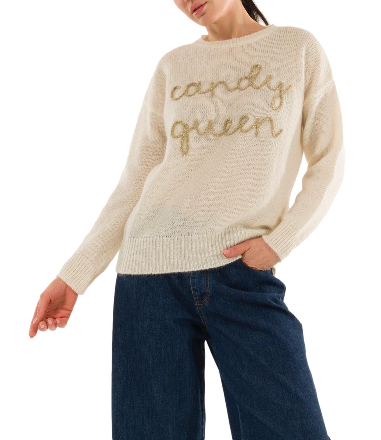 Kontatto maglia girocollo ricamo panna/oro donna
