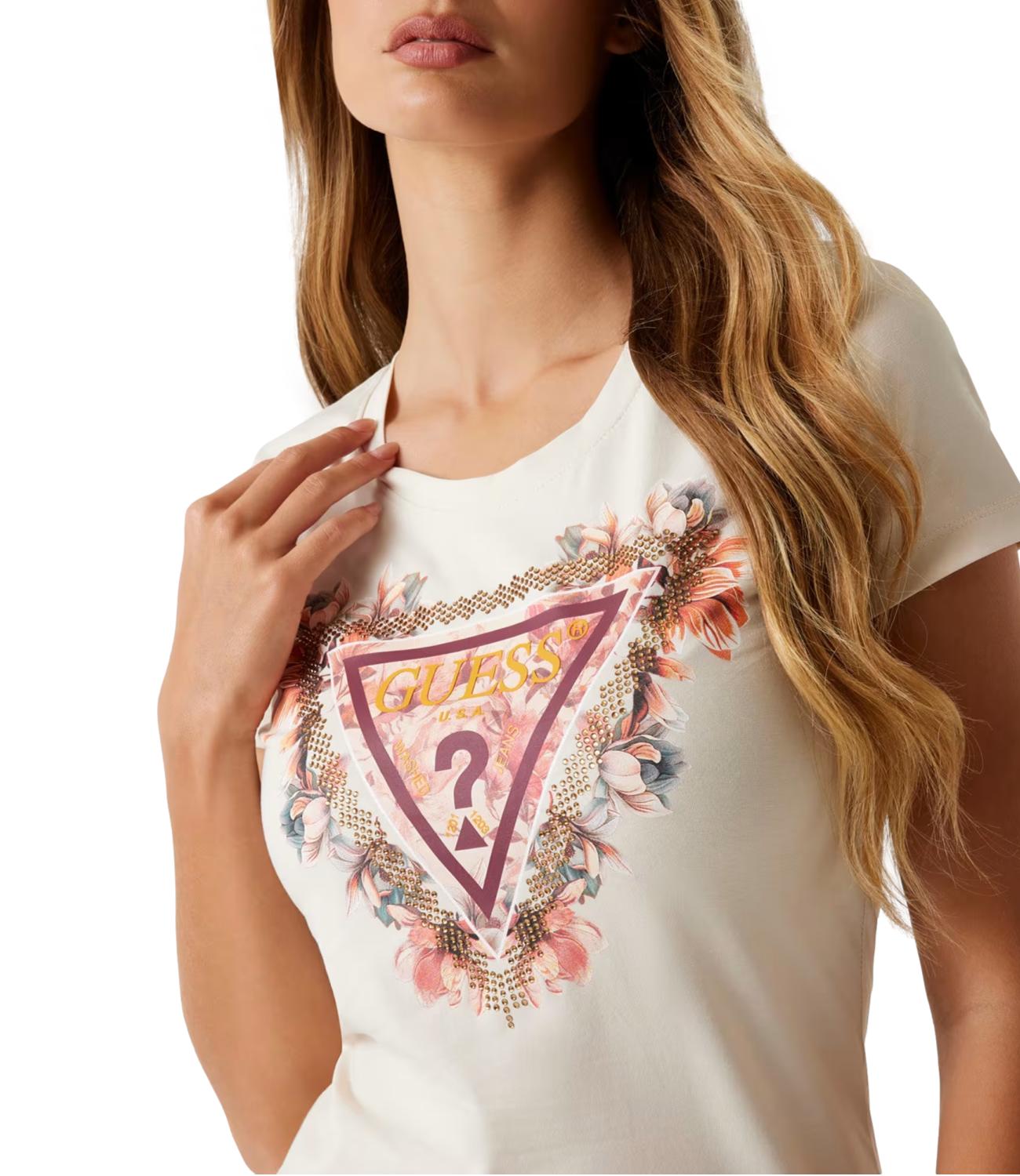 Guess T-shirt Ss Triangle Flowers Tee Vanilla Blush Donna