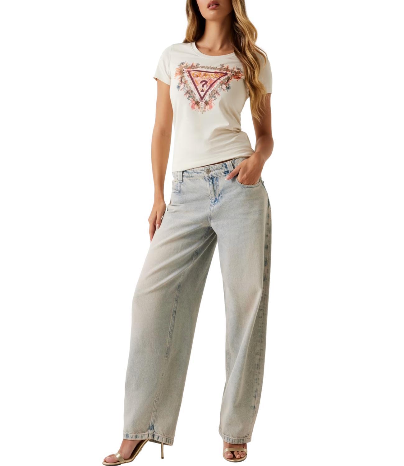Guess T-shirt Ss Triangle Flowers Tee Vanilla Blush Donna