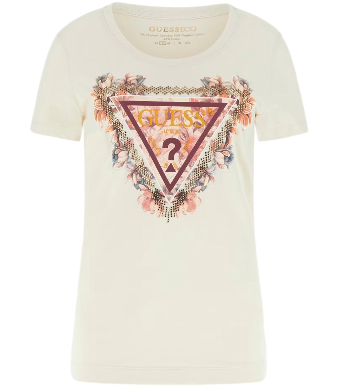 Guess T-shirt Ss Triangle Flowers Tee Vanilla Blush Donna