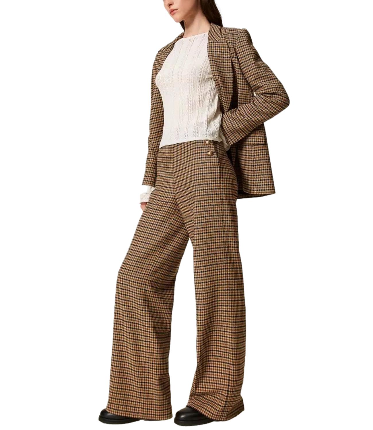 Twinset Pantaloni Wide Leg Check Cammello Donna