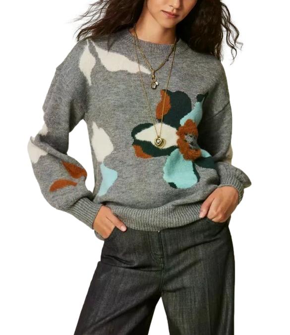 Actitude Twinset Maglia Intarsio Grigio Mel./Smeraldo Donna