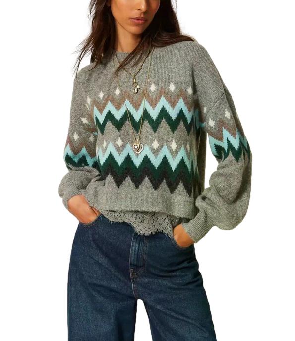 Actitude Twinset Maglia Jacquard Grigio Medio Mel./Smeraldo Donna