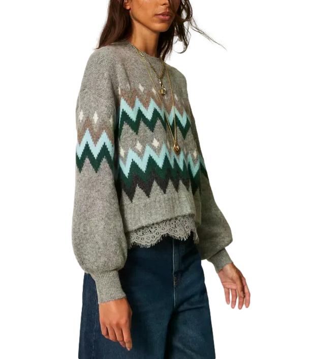 Actitude Twinset Maglia Jacquard Grigio Medio Mel./Smeraldo Donna