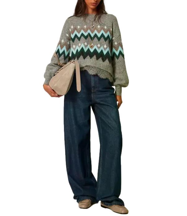 Actitude Twinset Maglia Jacquard Grigio Medio Mel./Smeraldo Donna