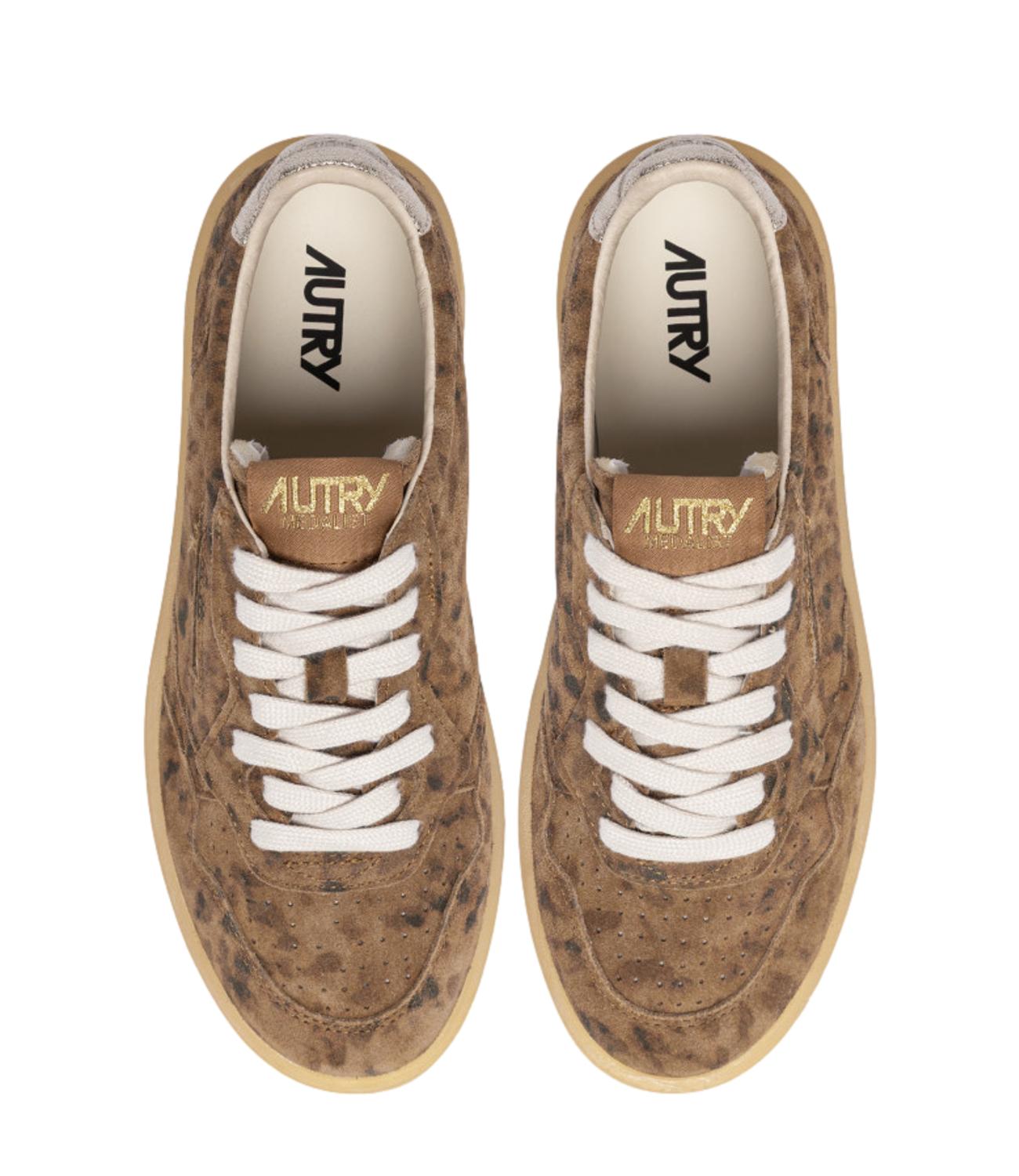 Sneaker Autry marrone in suede con stampa animalier e dettaglio metallizzato