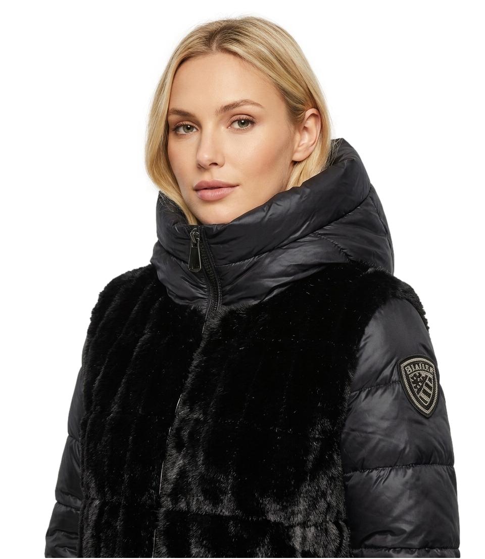 Blauer Piumino lungo nero donna in ecopelliccia e piuma con cappuccio