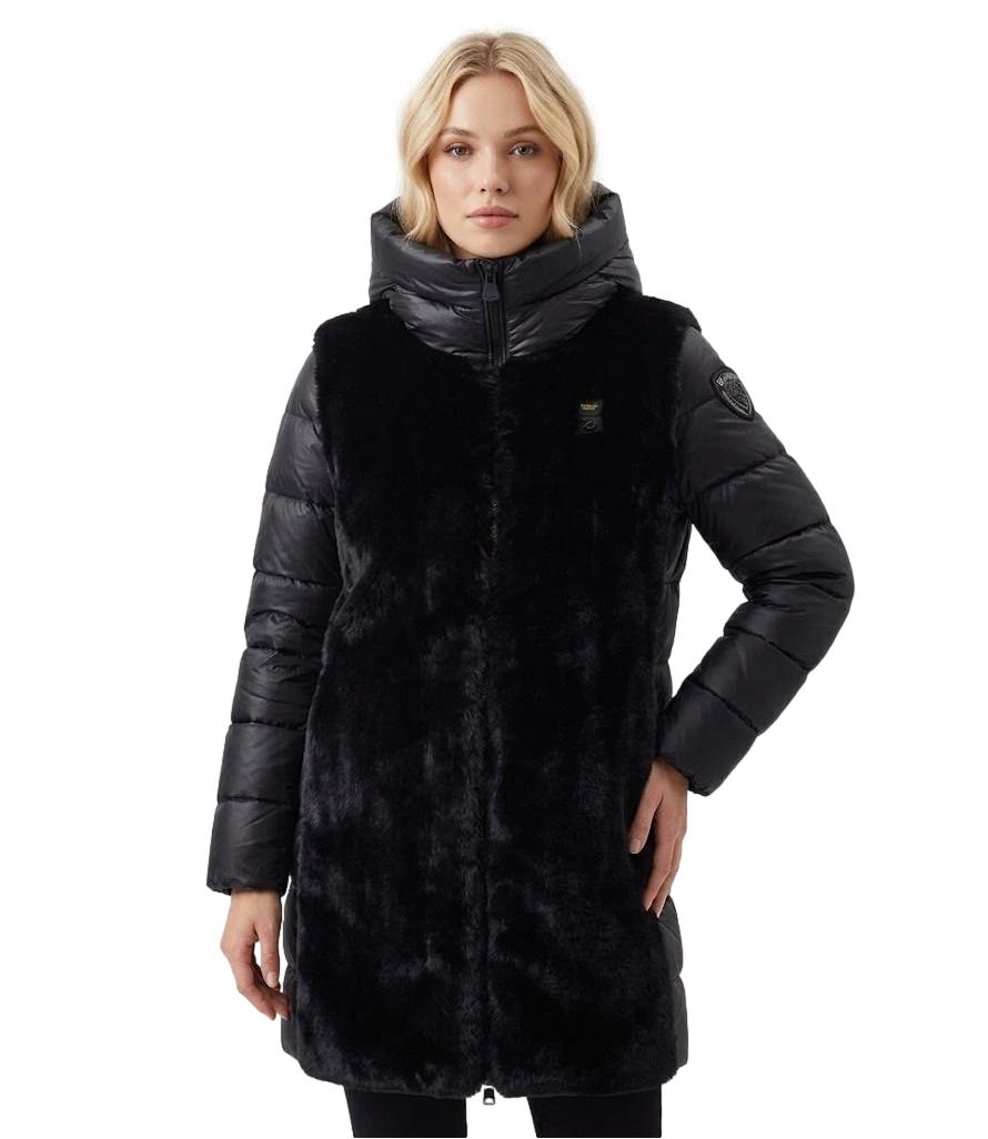 Blauer Piumino lungo nero donna in ecopelliccia e piuma con cappuccio