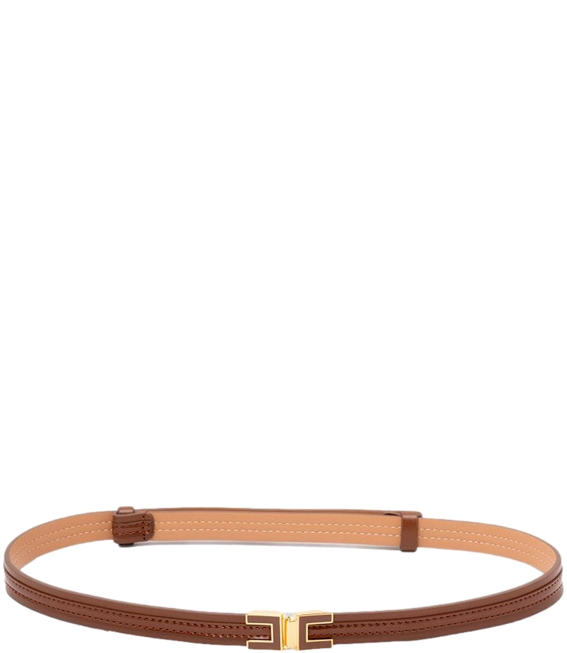 Cintura Elisabetta Franchi Slim con Fibbia Logo Dorata Sigaro