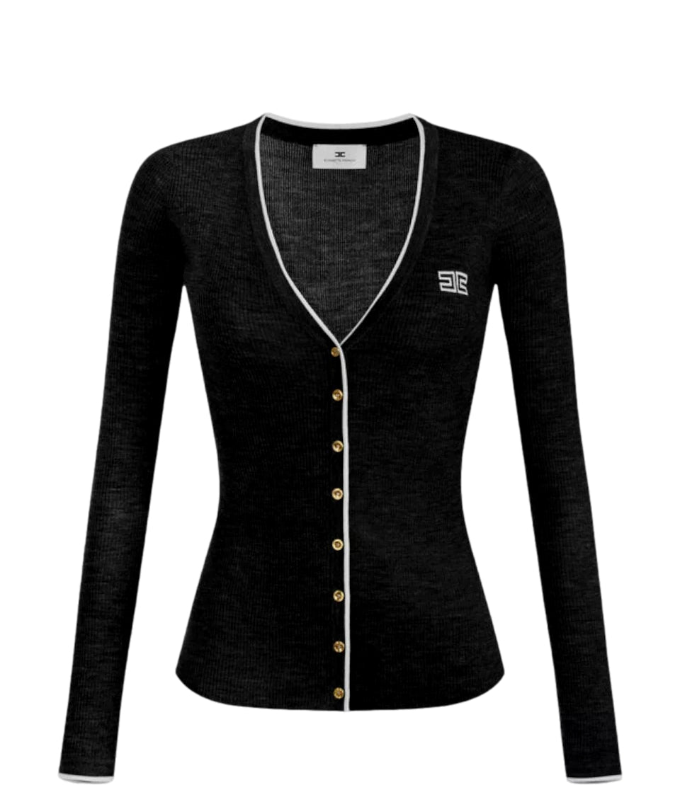 Cardigan Elisabetta Franchi Slim a Costine in Lana con Logo Intarsio Nero
