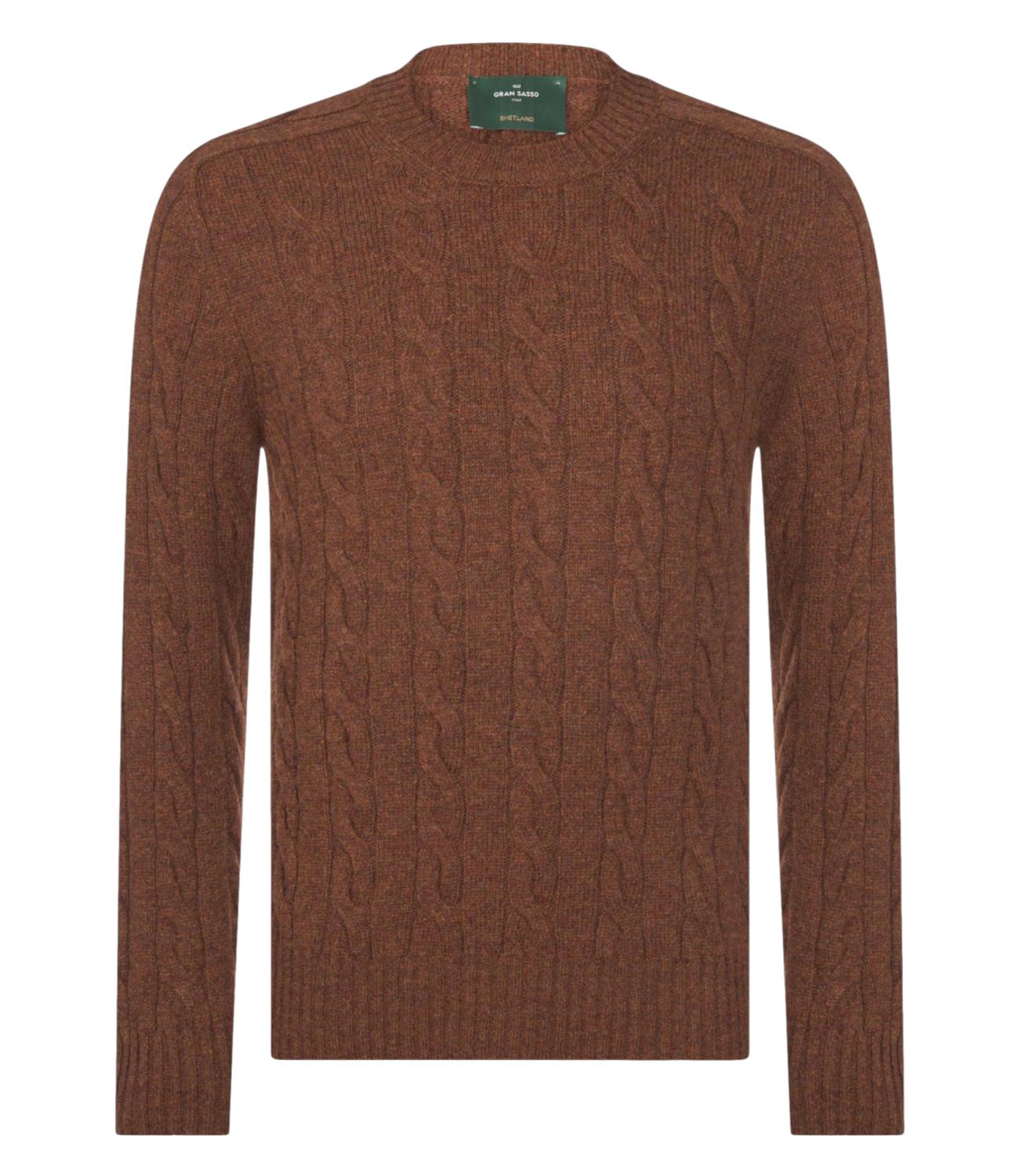 Maglione a treccia Gran Sasso uomo in lana shetland mattone