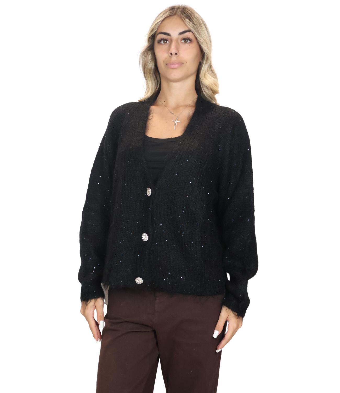 Kontatto Cardigan Bottoni Gioiello Nero Donna
