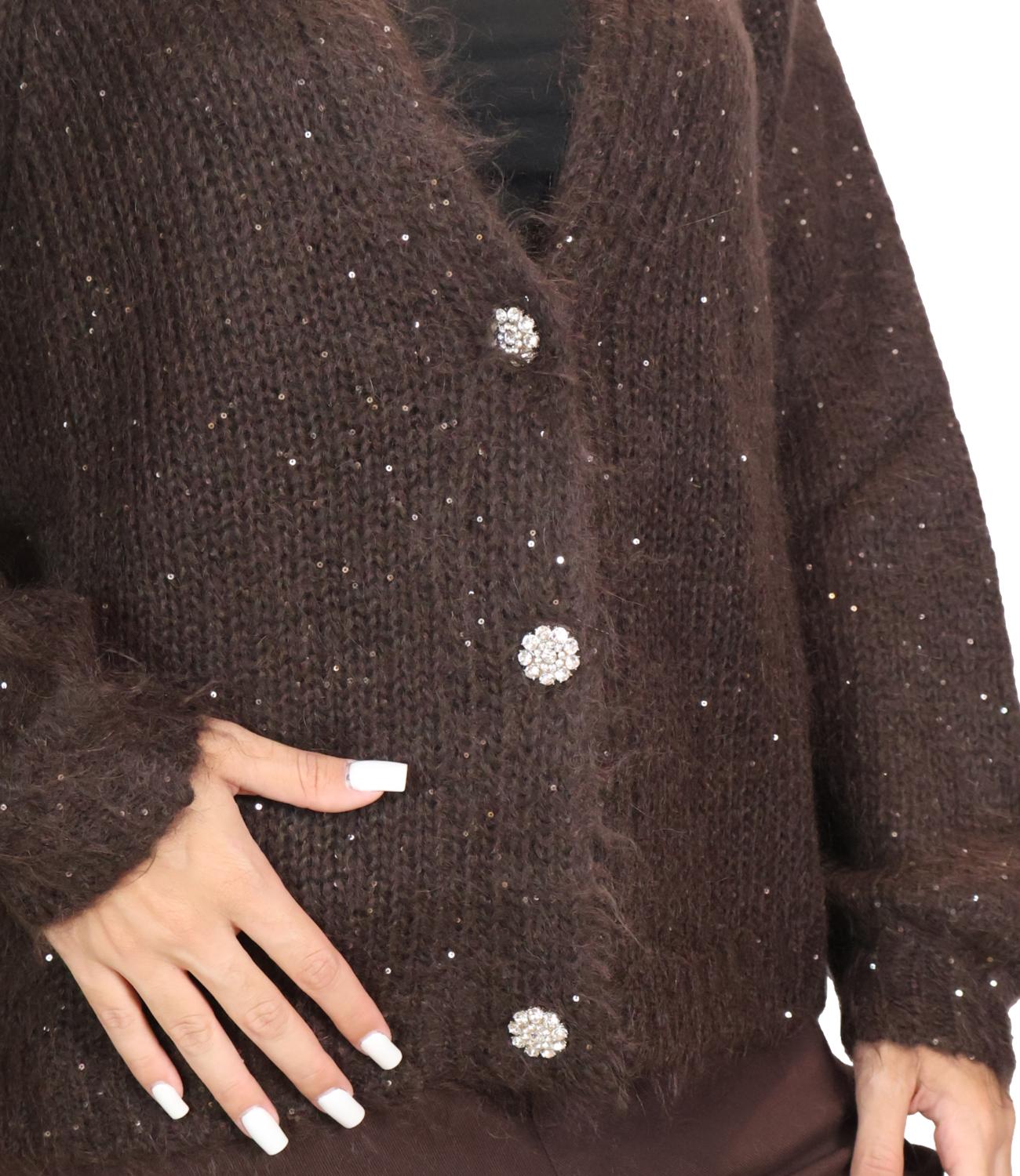 Kontatto Cardigan Bottoni Gioiello Moka Donna