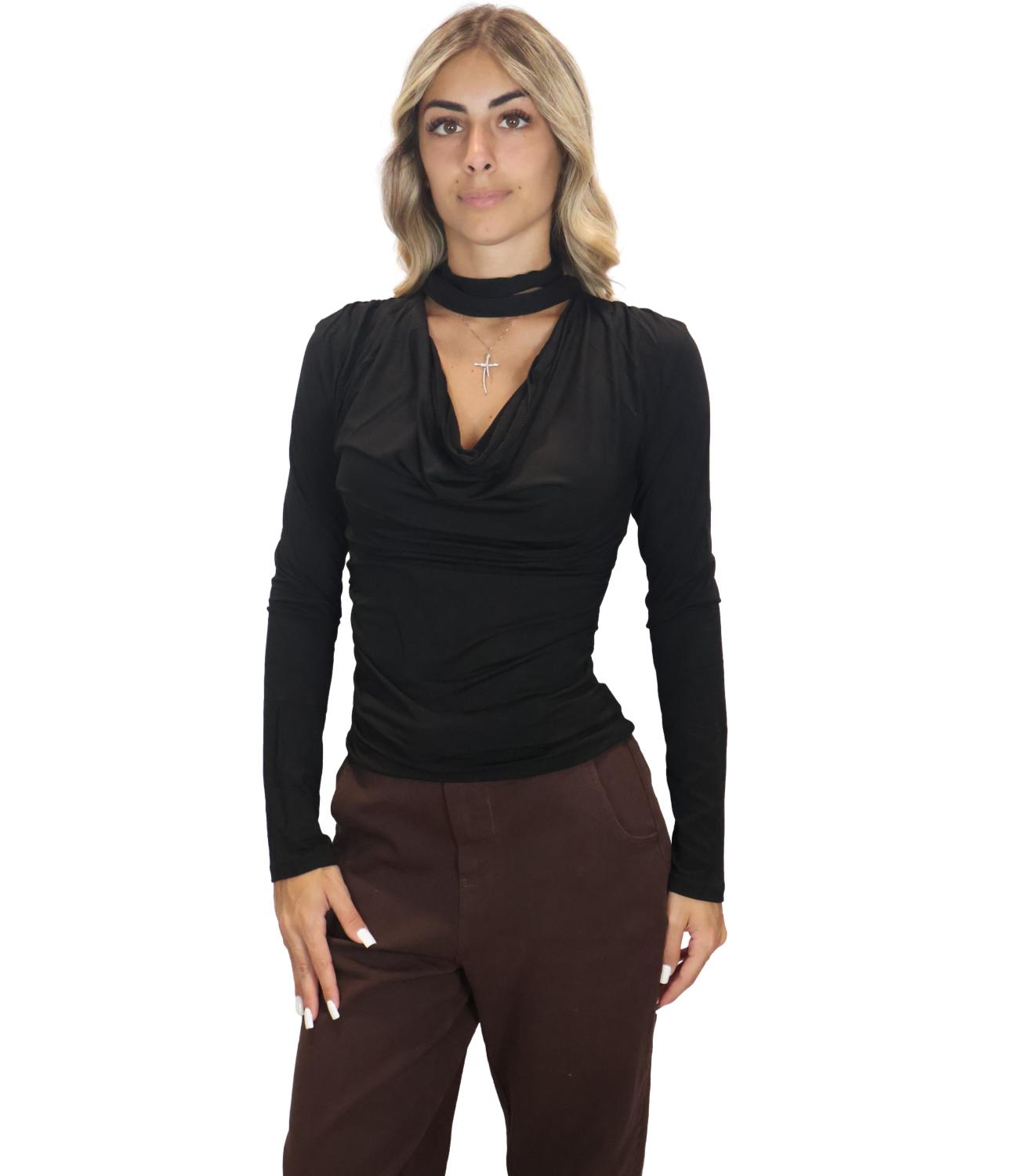 Kontatto Blusa Manica Lunga Arriccio Sciarpa Nero Donna