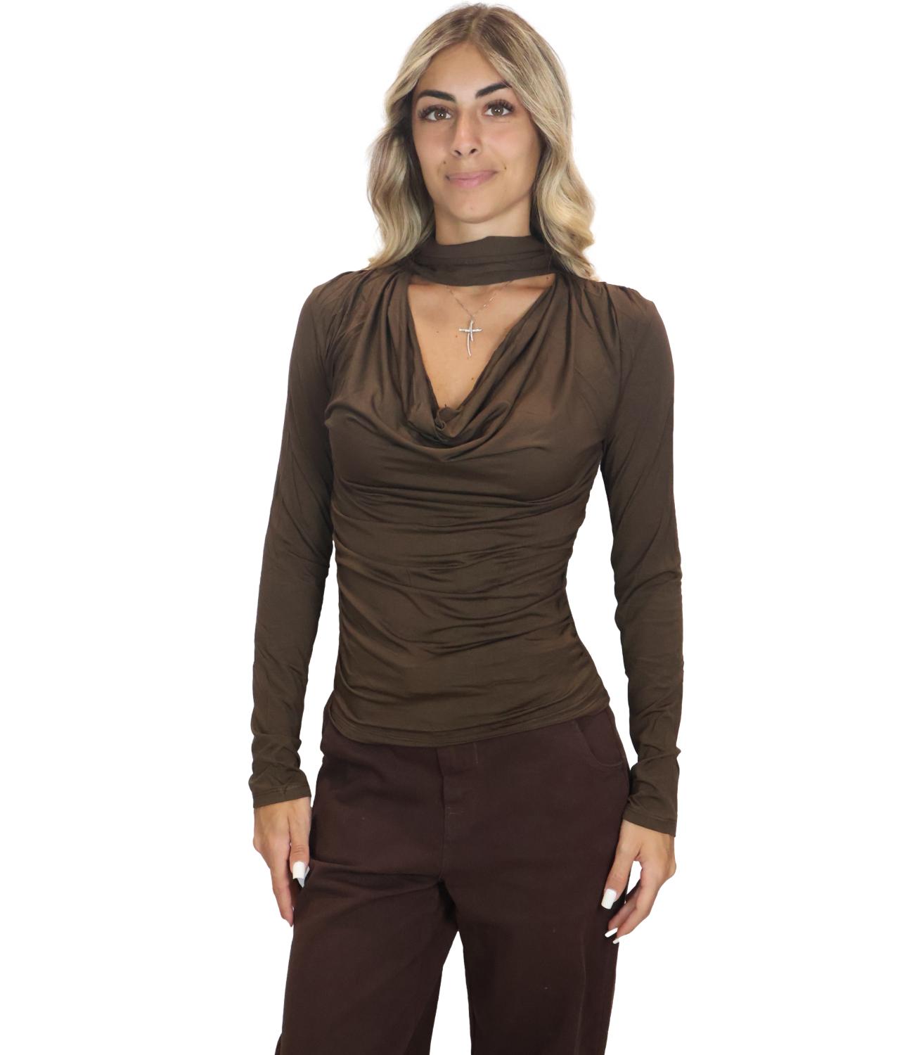 Kontatto Blusa Manica Lunga Arriccio Sciarpa Moka Donna