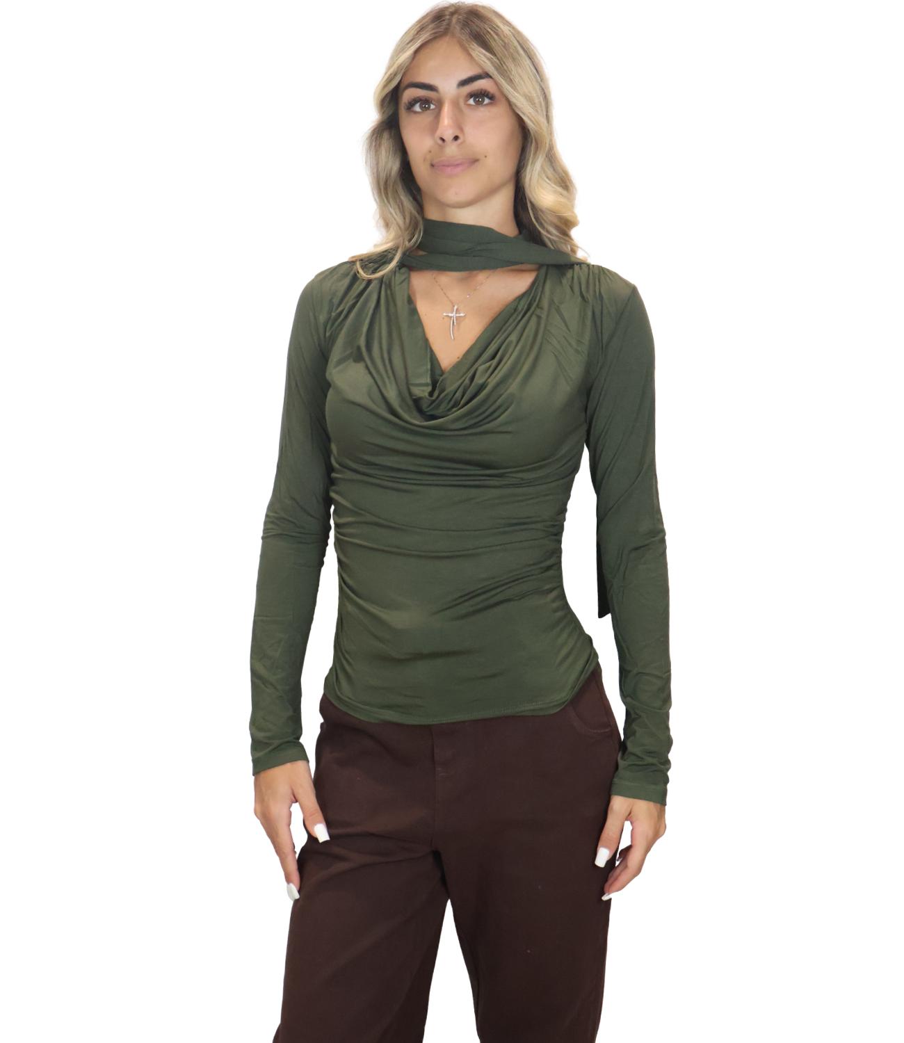 Kontatto Blusa Manica Lunga Arriccio Sciarpa Khaki Donna