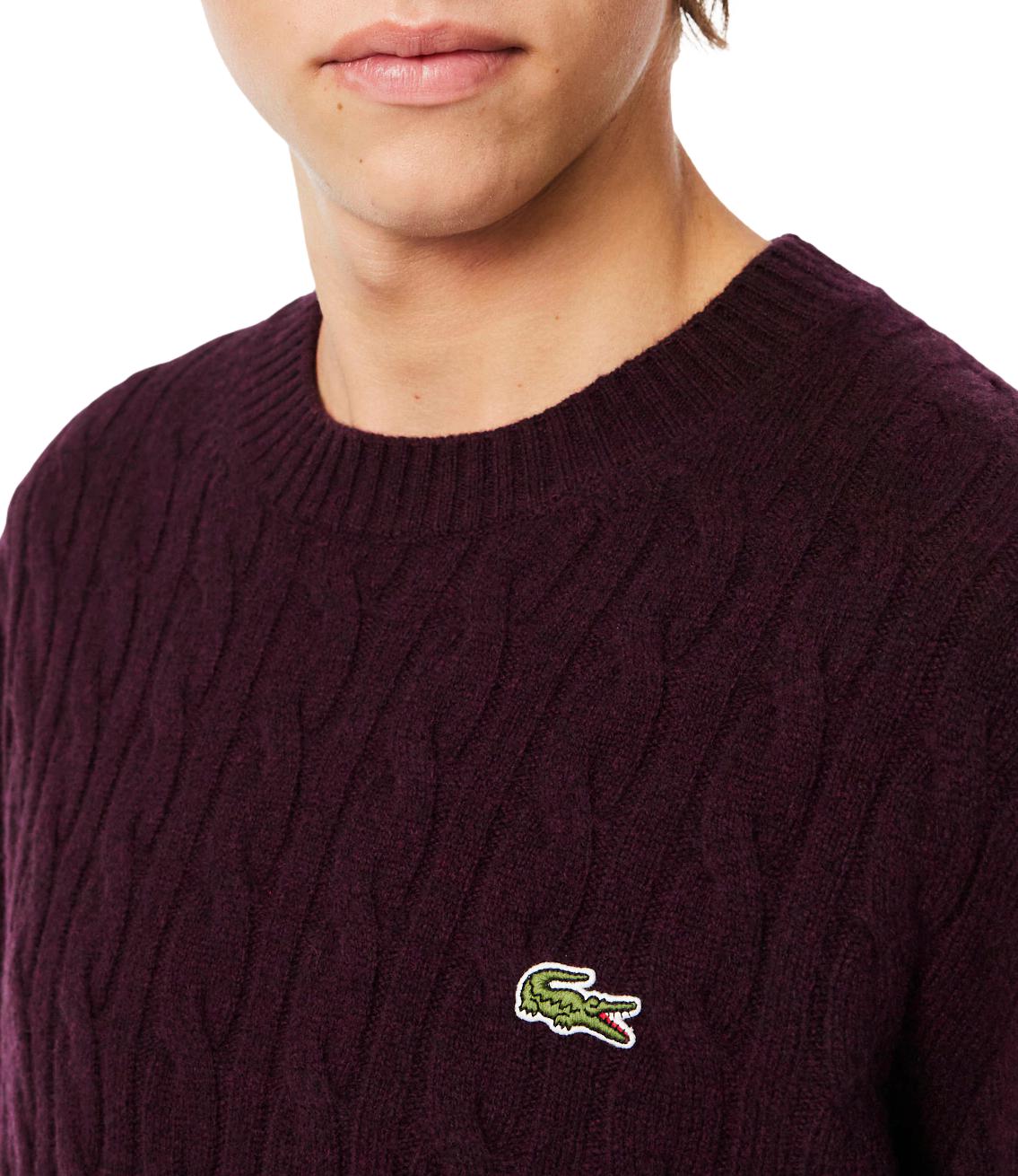 Lacoste Maglione girocollo a trecce in lana cardata bordeaux