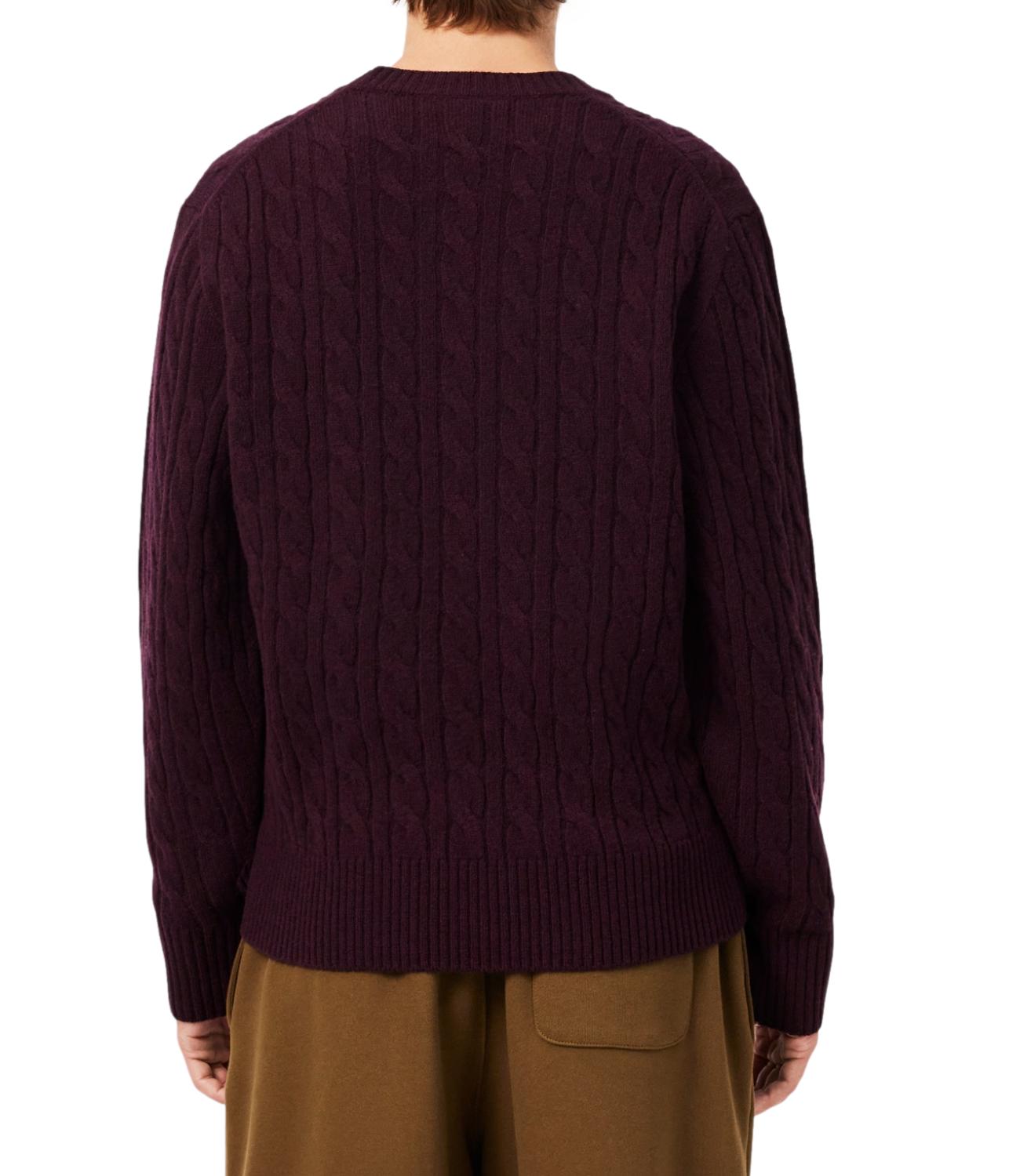 Lacoste Maglione girocollo a trecce in lana cardata bordeaux