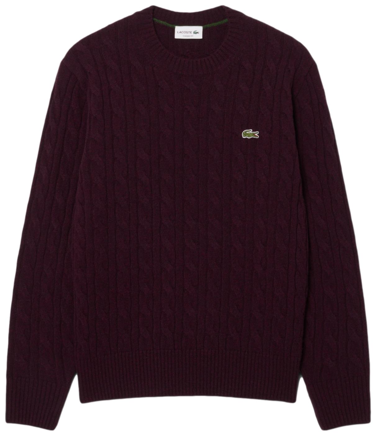 Lacoste Maglione girocollo a trecce in lana cardata bordeaux