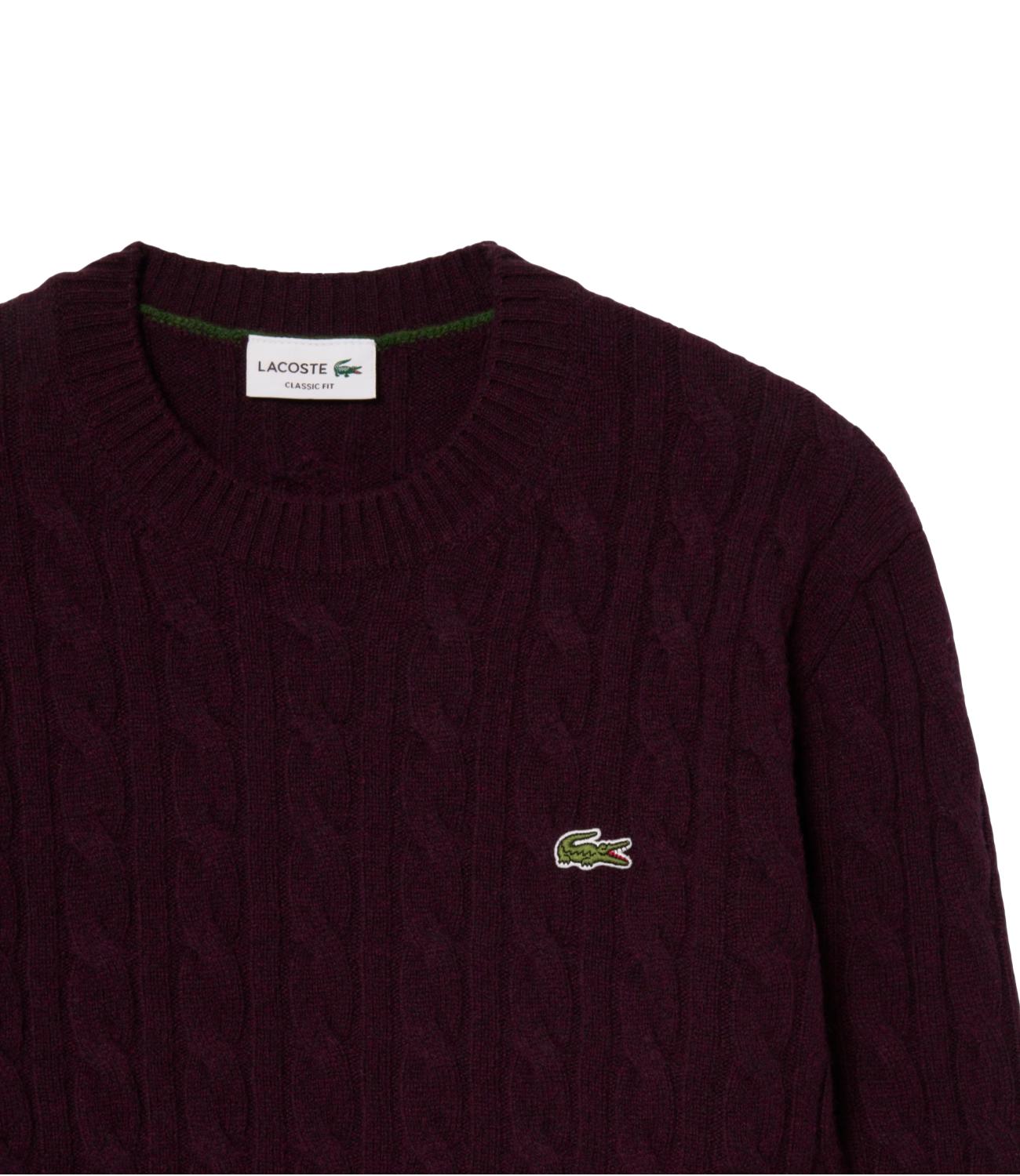 Lacoste Maglione girocollo a trecce in lana cardata bordeaux