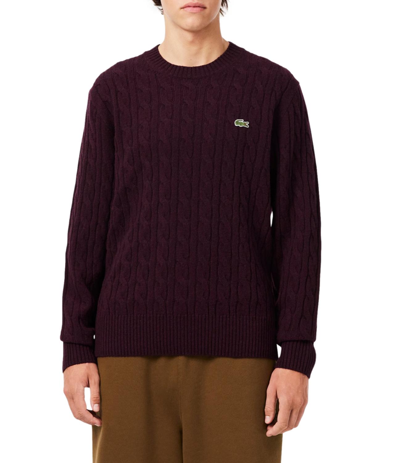 Lacoste Maglione girocollo a trecce in lana cardata bordeaux