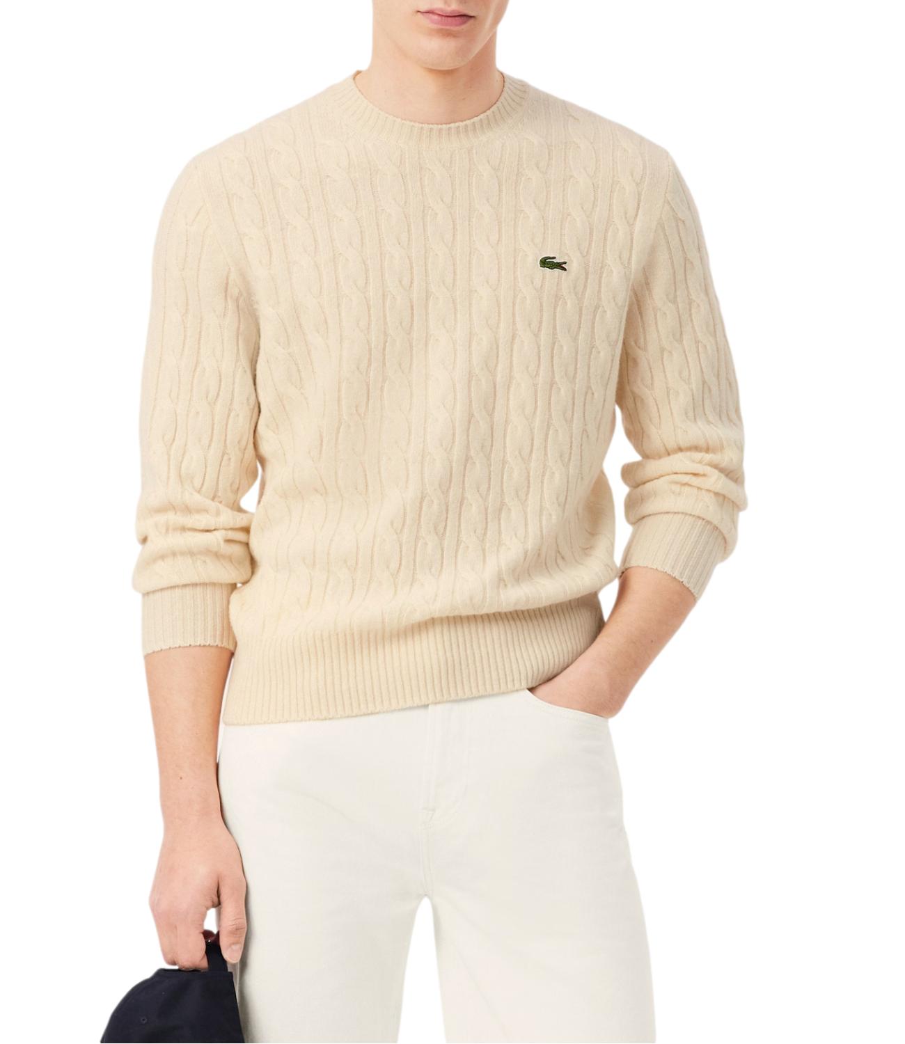 Lacoste Maglione girocollo a trecce in lana panna