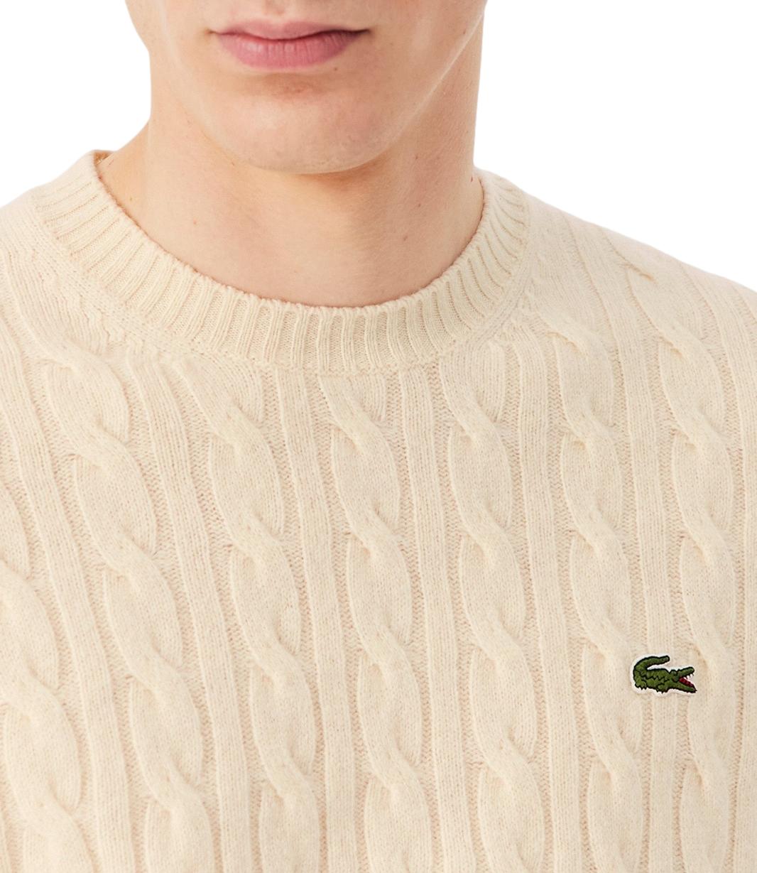 Lacoste Maglione girocollo a trecce in lana panna