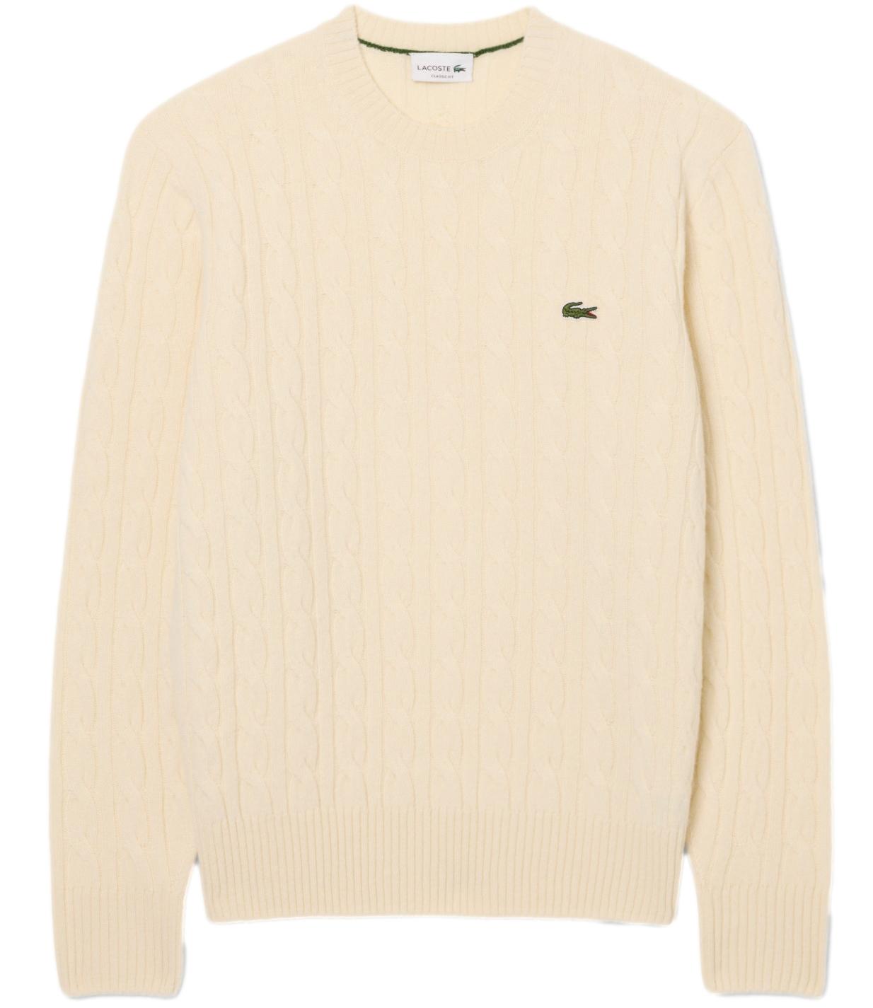 Lacoste Maglione girocollo a trecce in lana panna