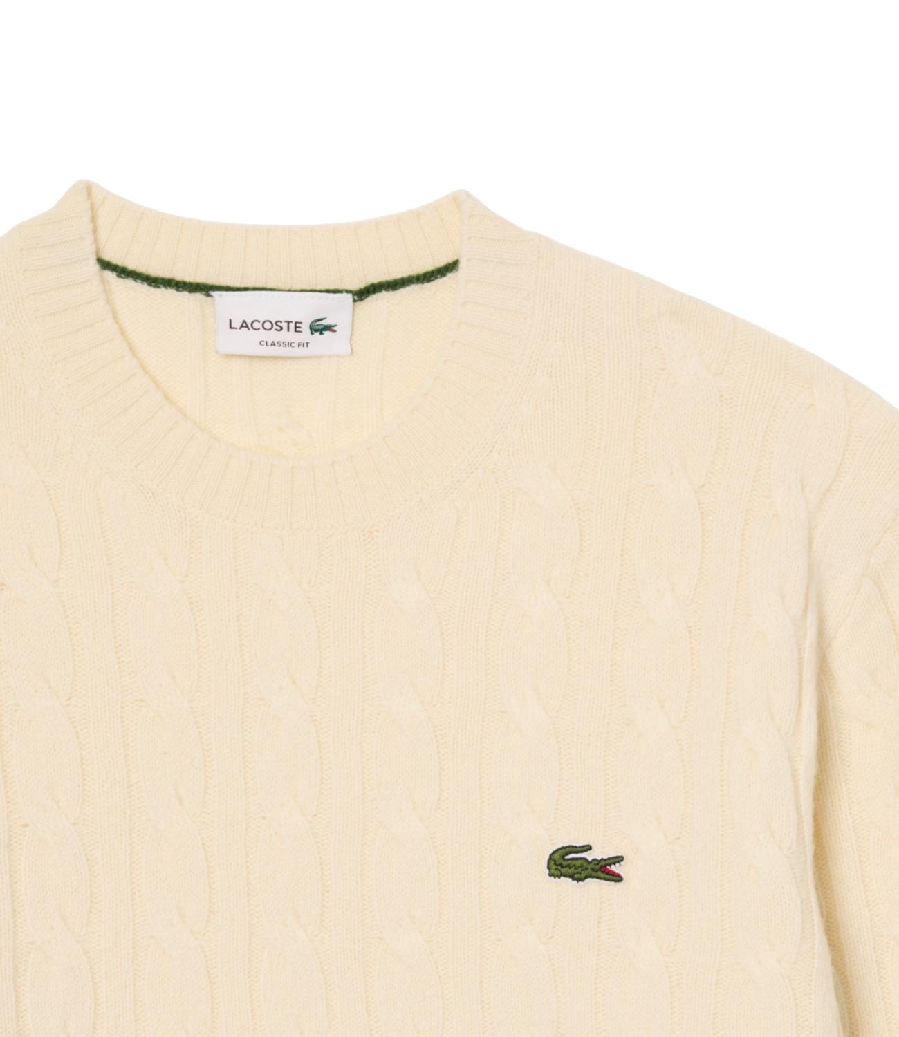 Lacoste Maglione girocollo a trecce in lana panna
