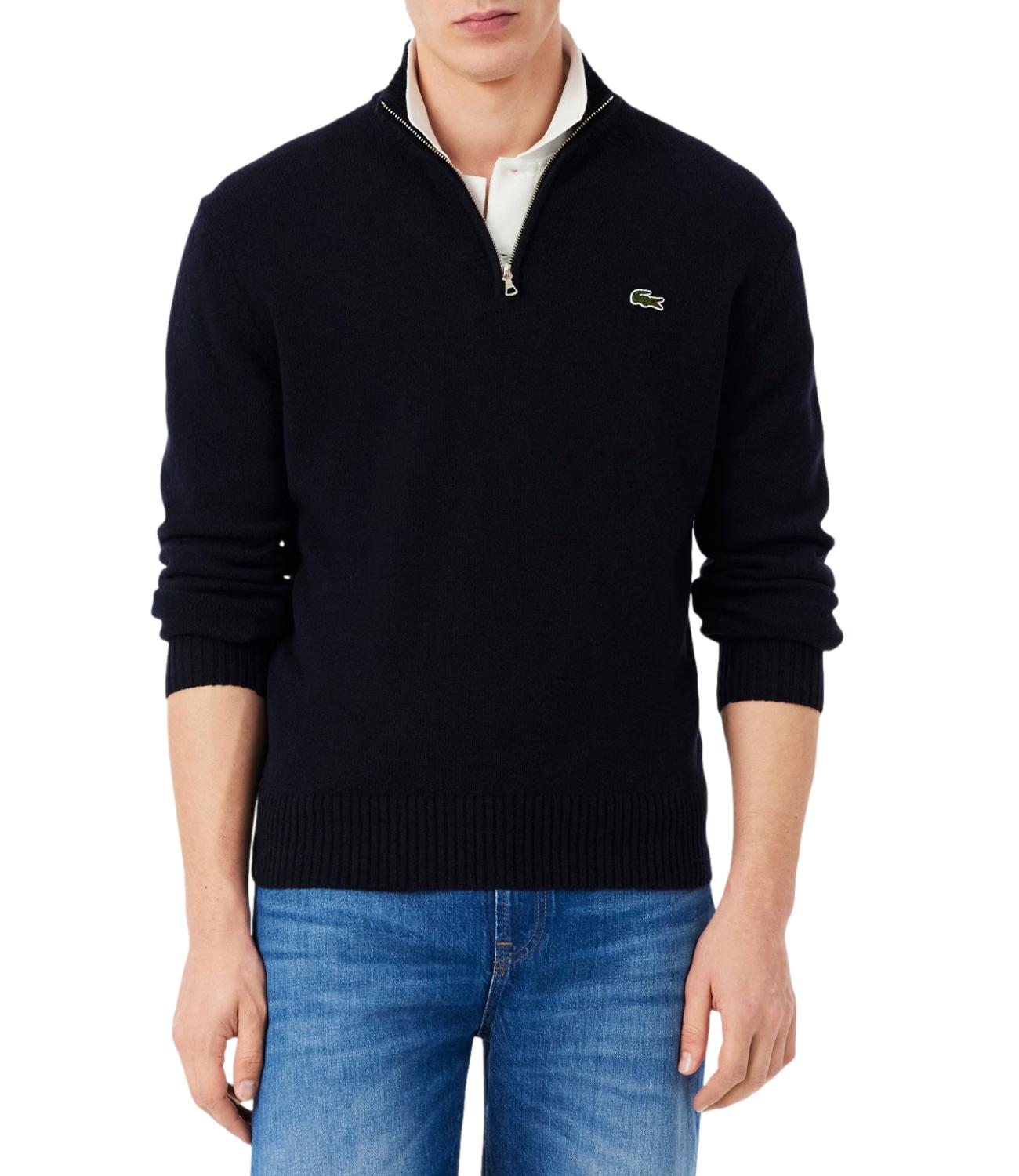 Lacoste pullover a collo alto in lana cardata con zip blu