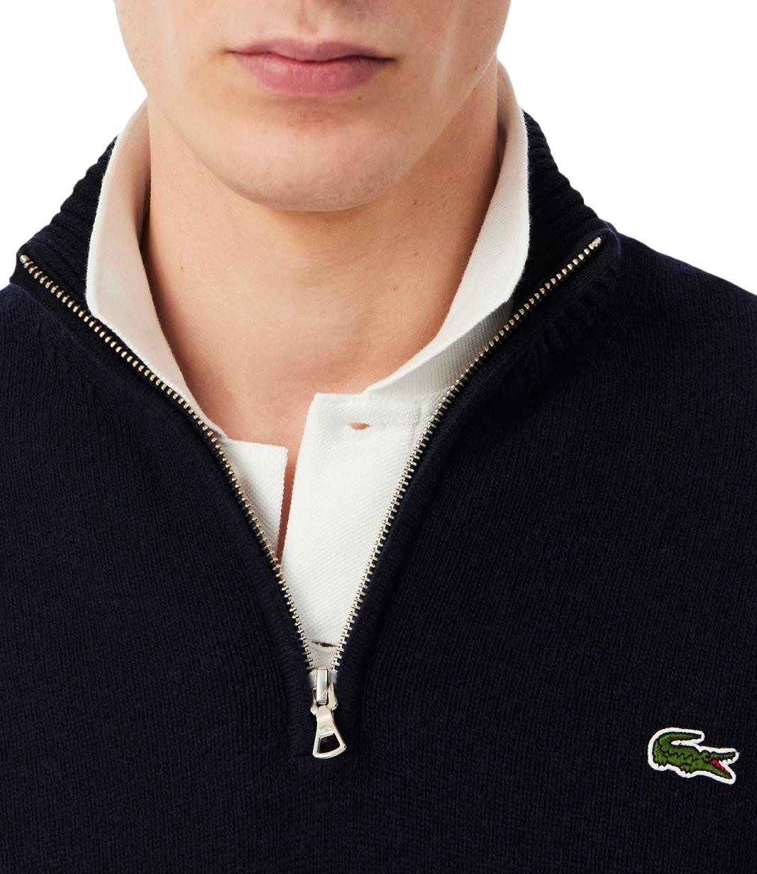 Lacoste pullover a collo alto in lana cardata con zip blu