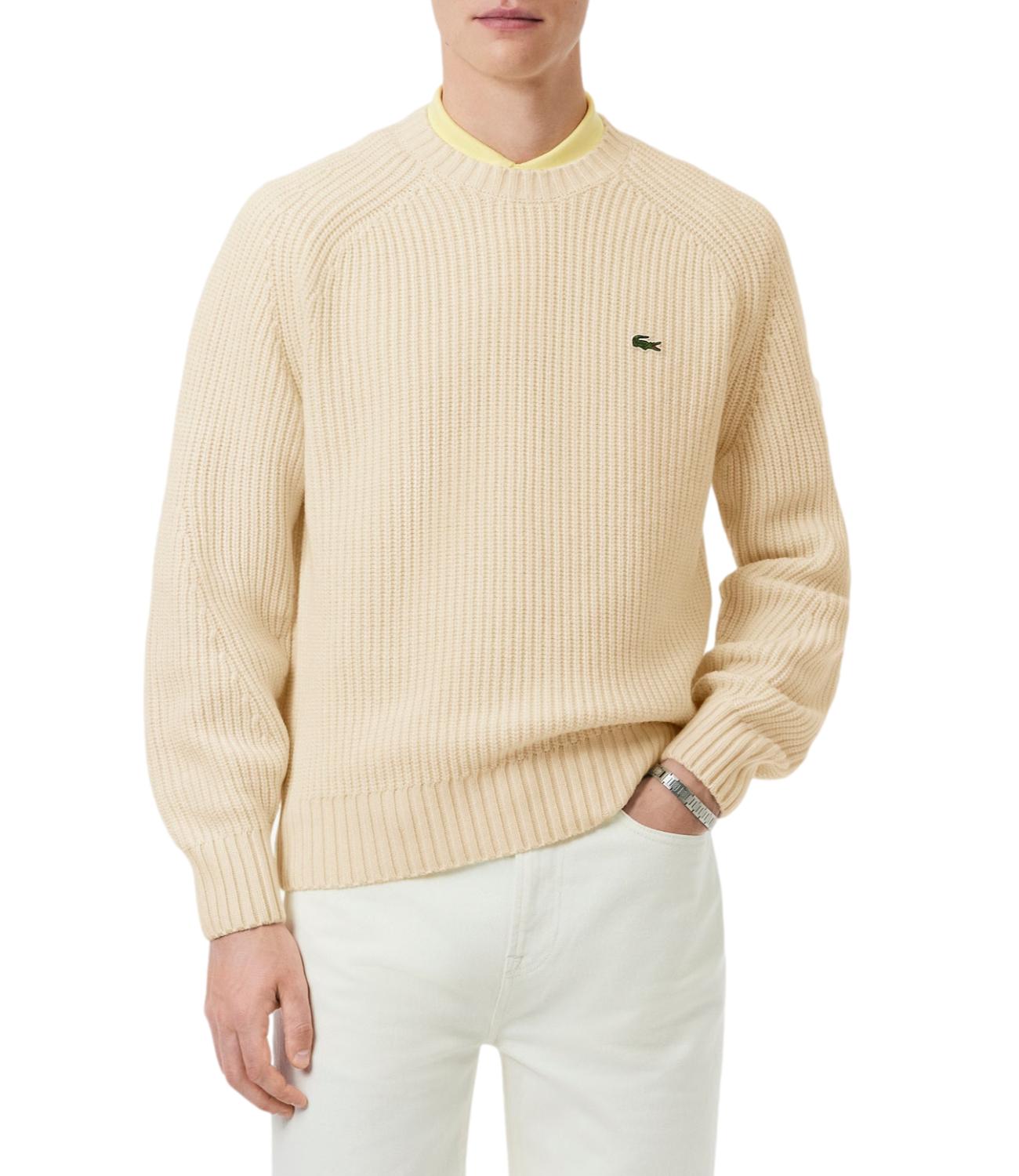 Lacoste pullover spesso in lana girocollo bianco panna