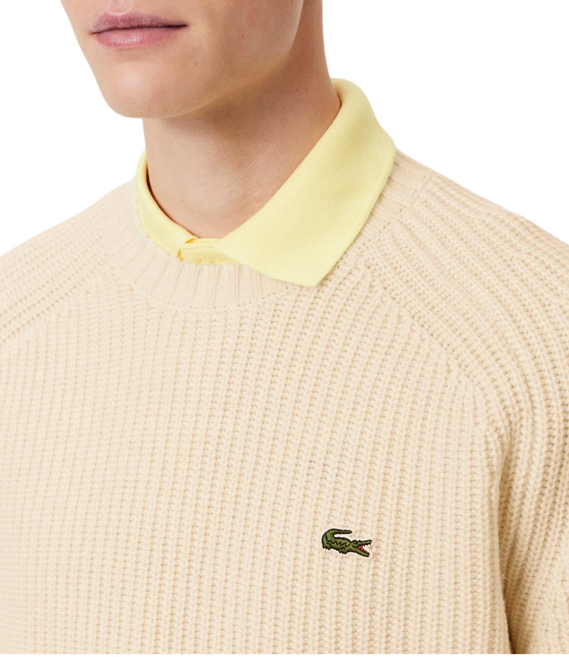 Lacoste pullover spesso in lana girocollo bianco panna