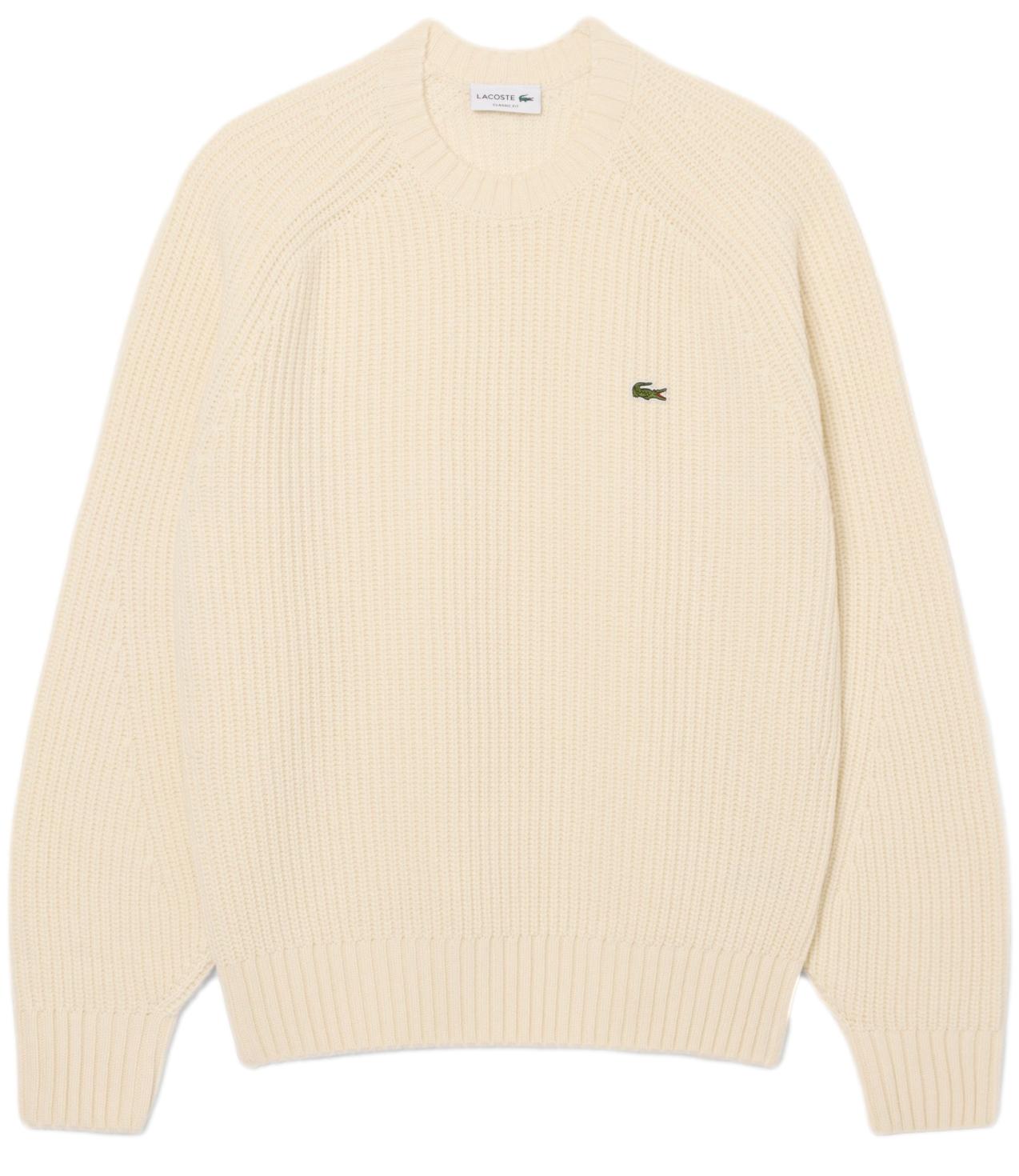 Lacoste pullover spesso in lana girocollo bianco panna