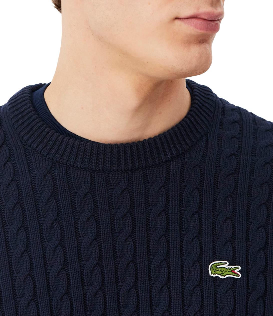 Lacoste maglione in cotone a treccia sottile blu scuro