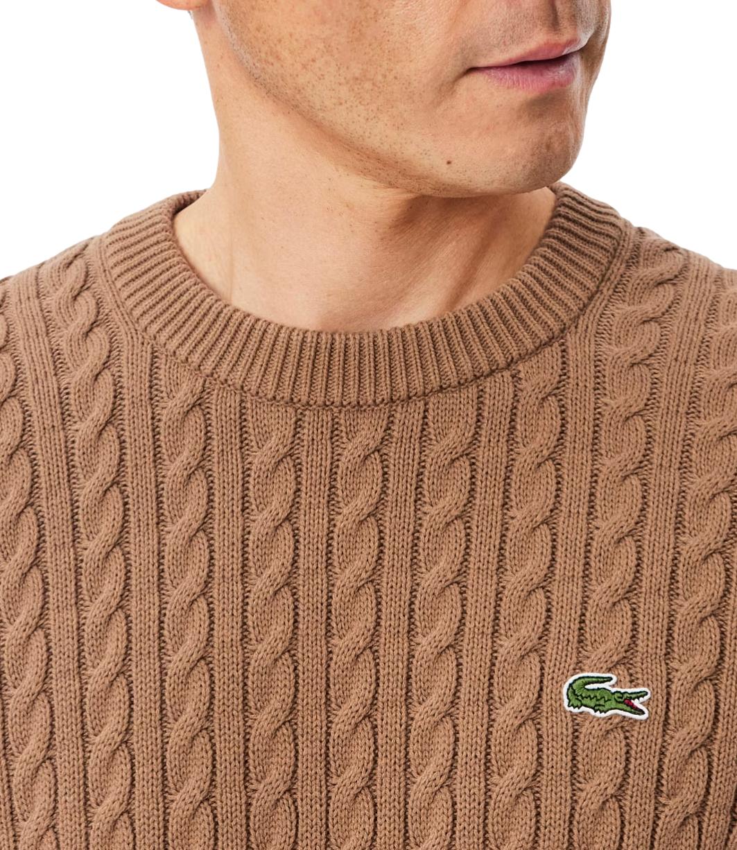 Lacoste pullover in cotone a treccia beige cammello