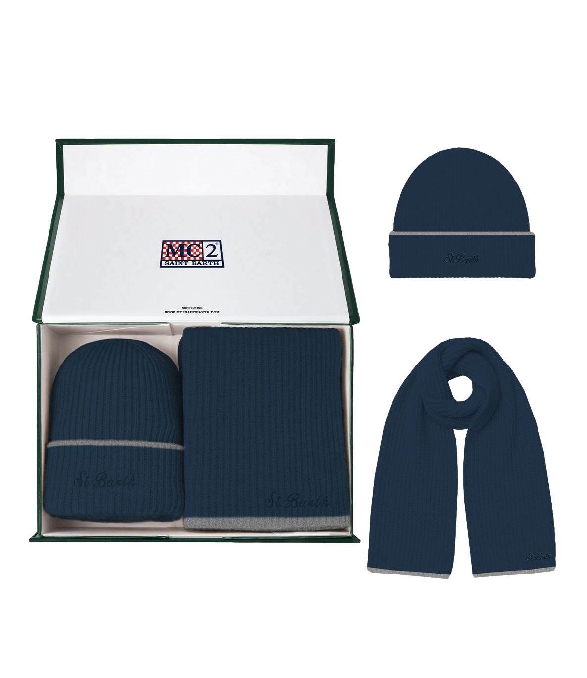 Kit Contrast Wool blu sciarpa e cappello