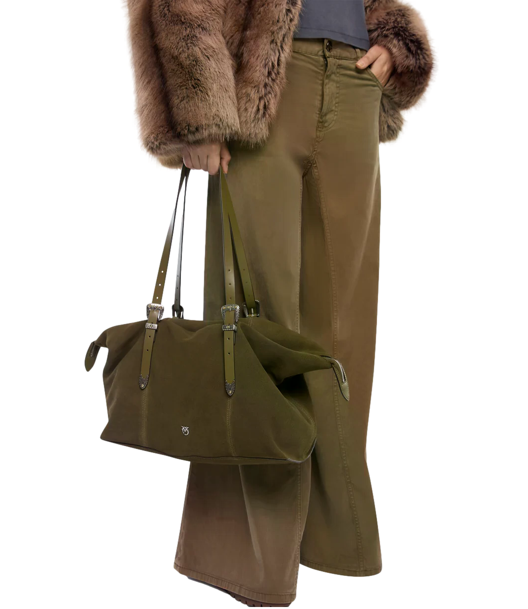 Pinko Tote Bag Suede maxi verde militare