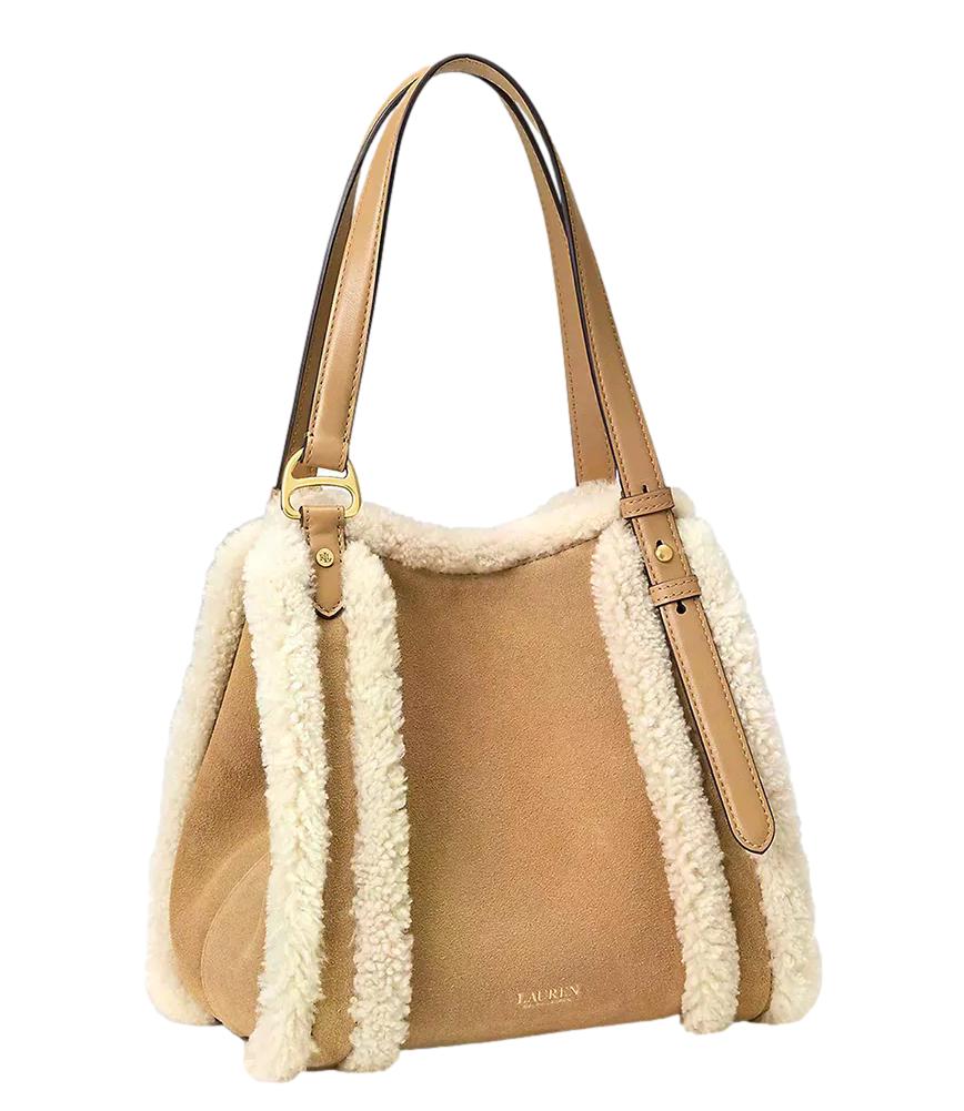 Tasha borsa scamosciata beige donna con pelliccia bianca