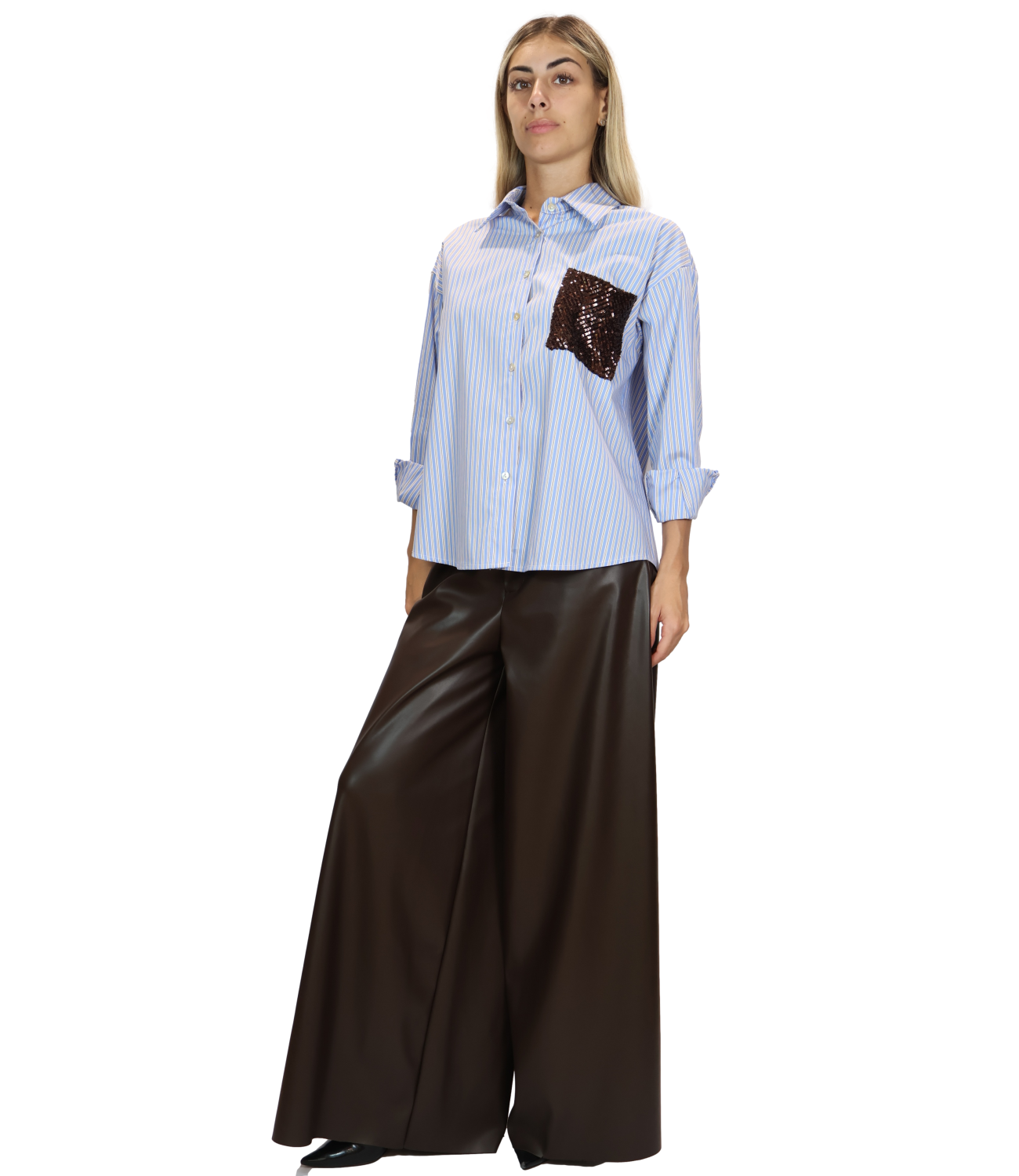 SUSY MIX camicia gessata celeste donna