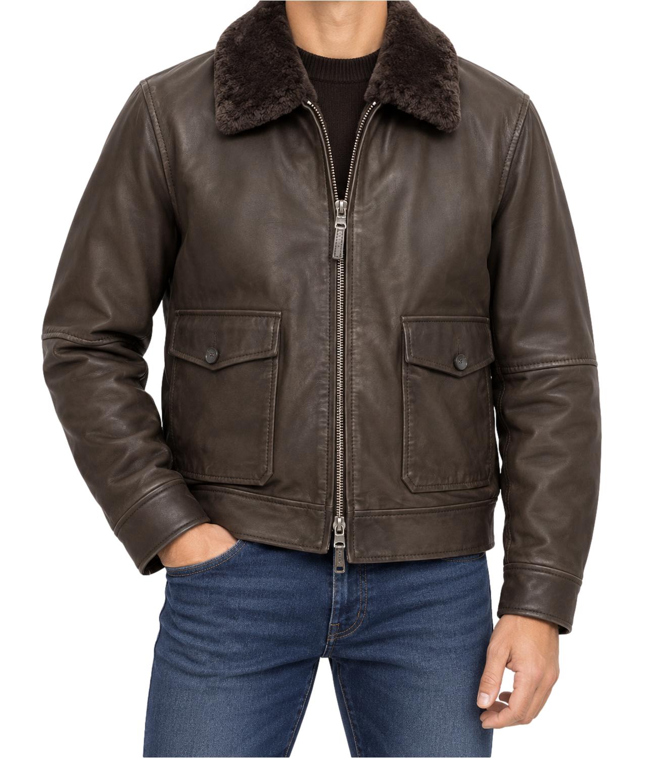 Giacca in pelle THE JACK LEATHERS con pellicciotto removibile DK Brown