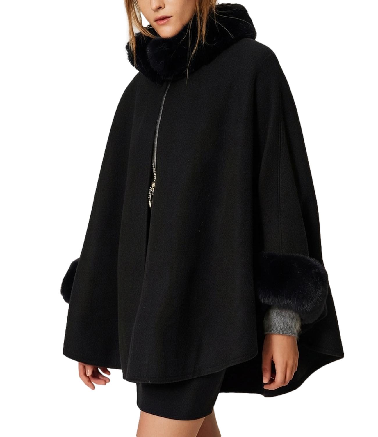 Twinset Poncho In Panno Faux Fux Nero Donna