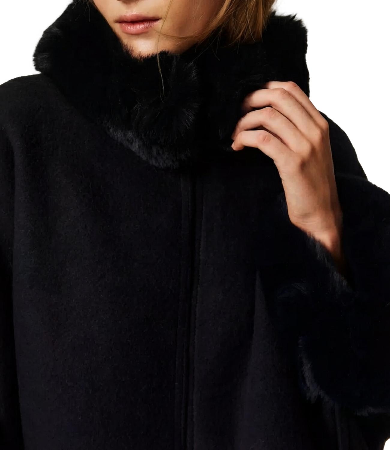 Twinset Poncho In Panno Faux Fux Nero Donna