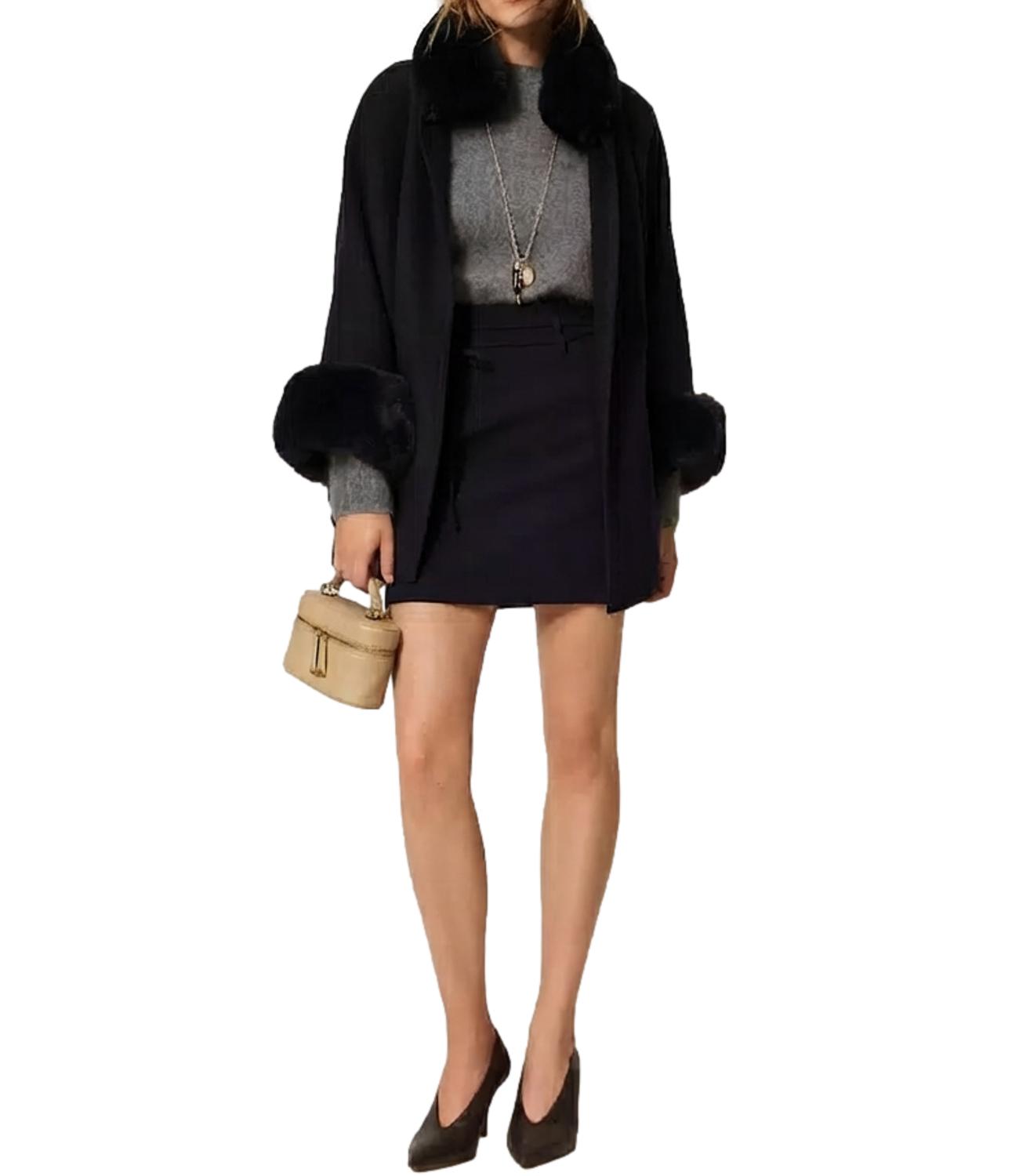 Twinset Poncho In Panno Faux Fux Nero Donna