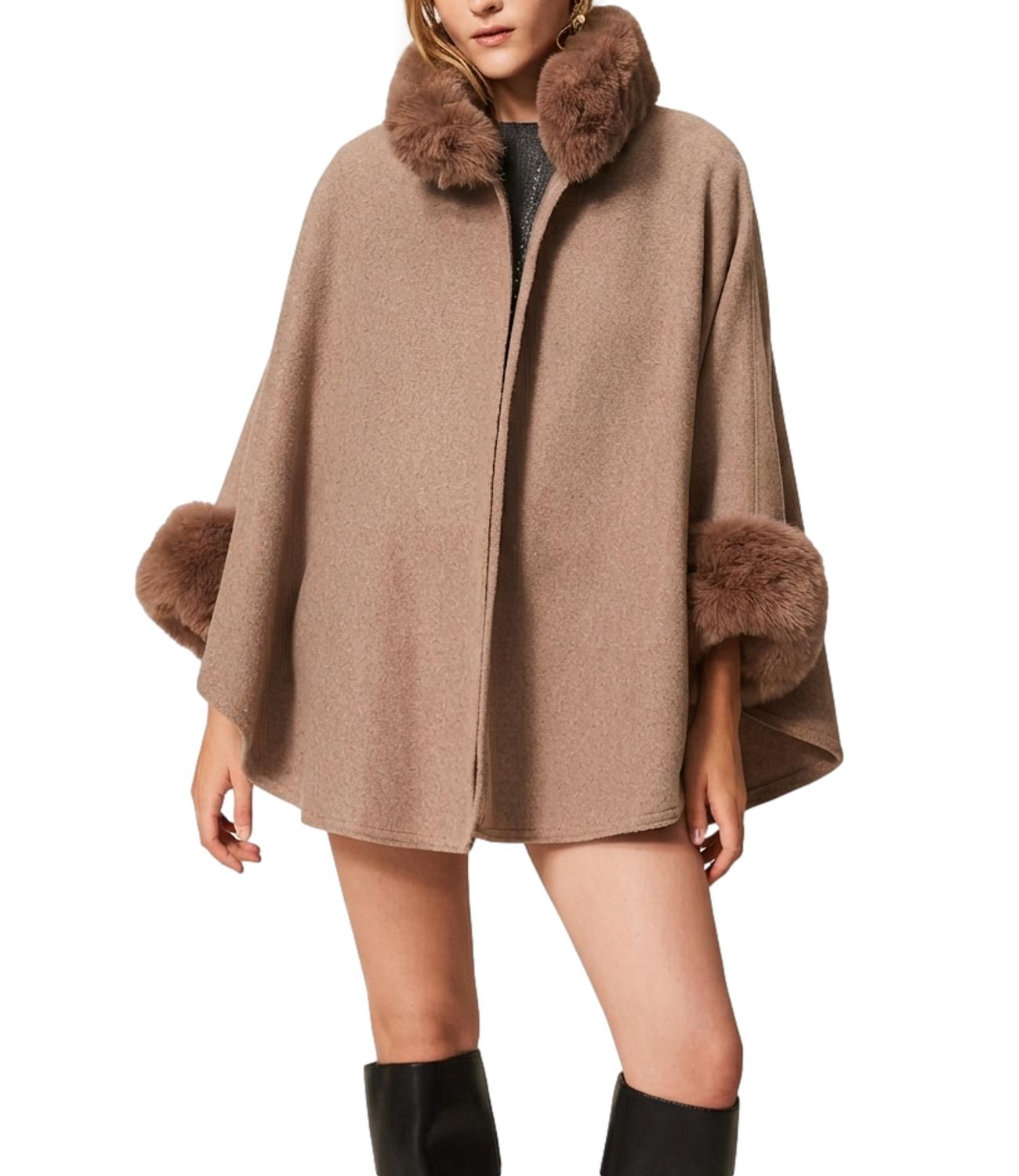 Twinset Poncho In Panno Faux Fux Mastice Melange Donna