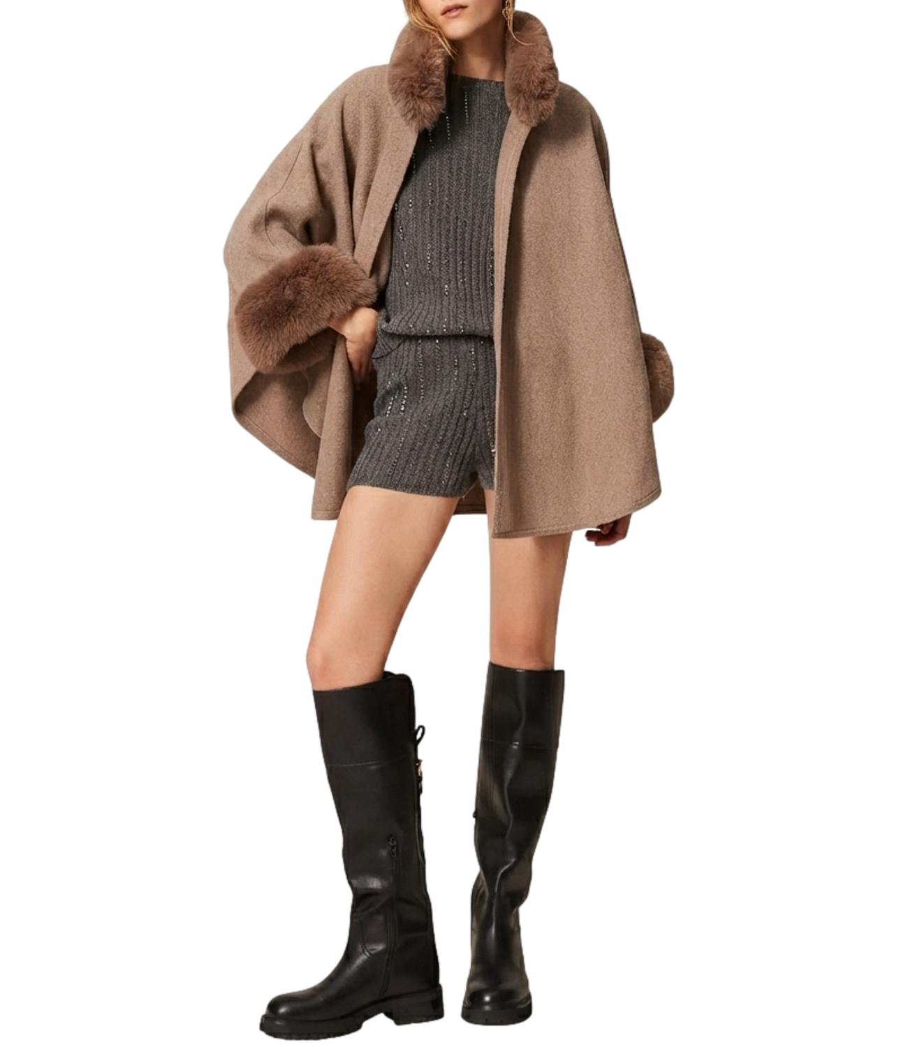 Twinset Poncho In Panno Faux Fux Mastice Melange Donna