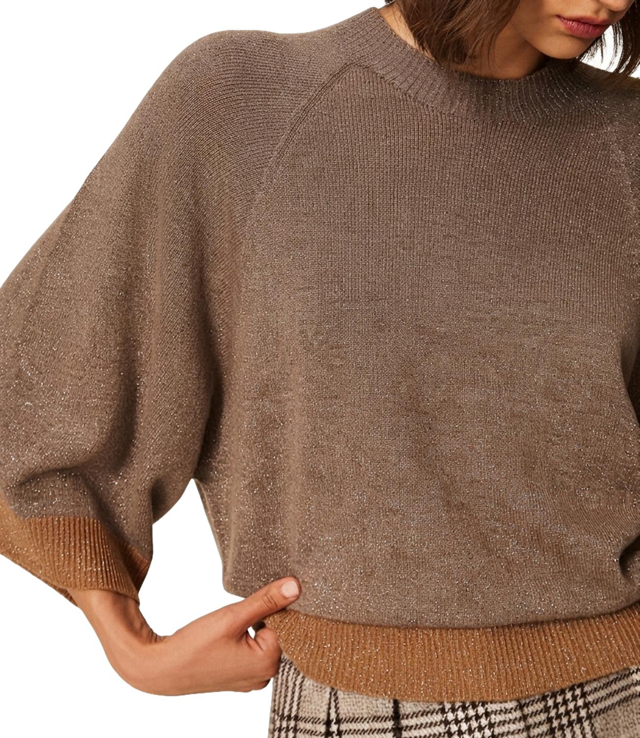 Twinset Maglia Girocollo Cropped Lurex Taupe/Tabacco Donna