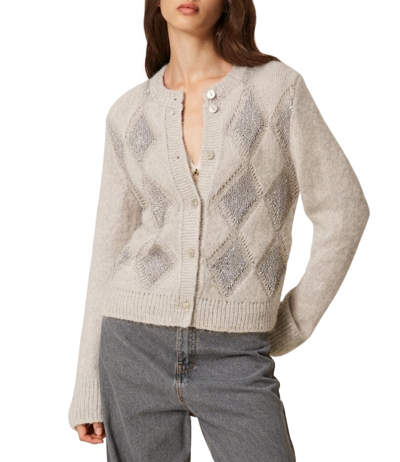 Twinset Cardigan Rombi Paillettes Grigio Chiaro Melange Donna
