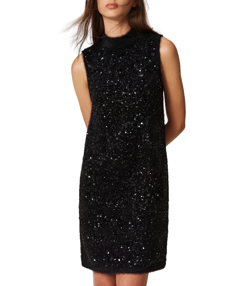Twinset Abito Ricamo Paillettes Nero Donna